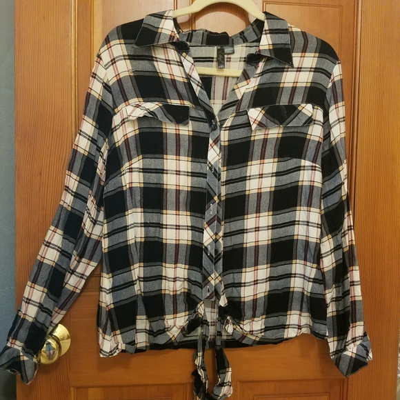 Ethyl Tops - Sheer Plaid Flannel Patterned Button-Down Blouse W/ Collar | Spring Hues